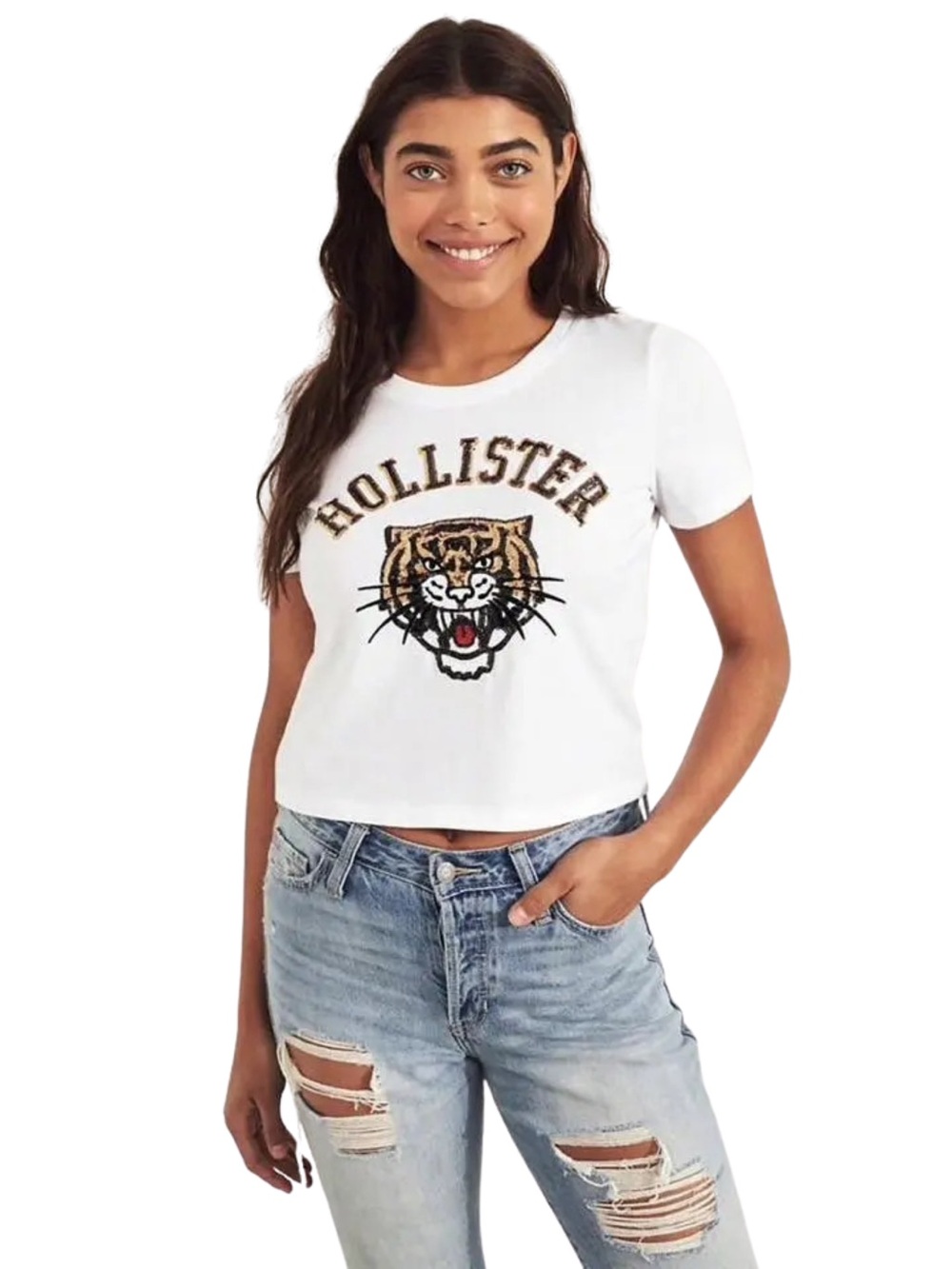 Hollister White Cropped Tee with Tiger Graphic